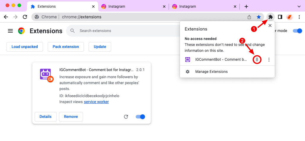 IGCommentBot chrome extension install pin